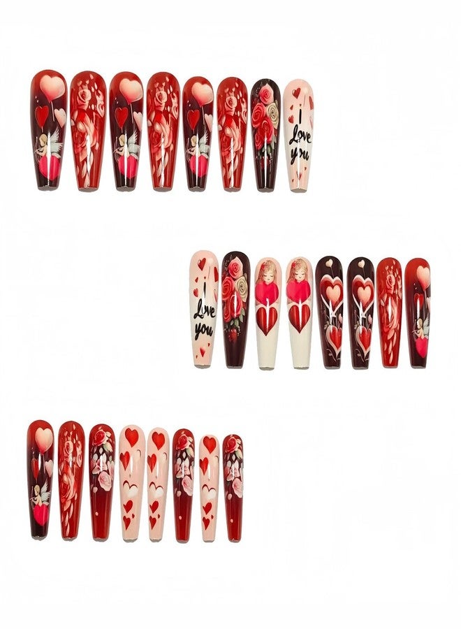 OCOUYVD Valentine Press on Nails Extra Long Glue on Nails Red Heart Rose Fake Nails Full Cover Cute False Nails Glossy Acrylic Nail Valentine Artificial Nail for Women DIY Manicure Art - Image 2